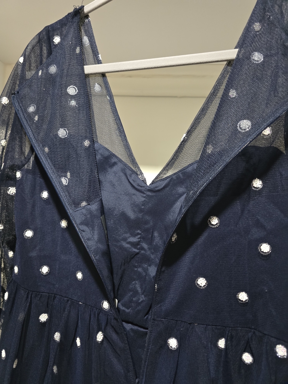 Navy With White/Glitter Polka Dots Mesh Midi Dress - Elegant Women's Party Dress - Picture 13 of 13